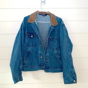 🤍 EVC 90s Ralph Lauren Country Polo Denim American Flag Corduroy Collar Jacket